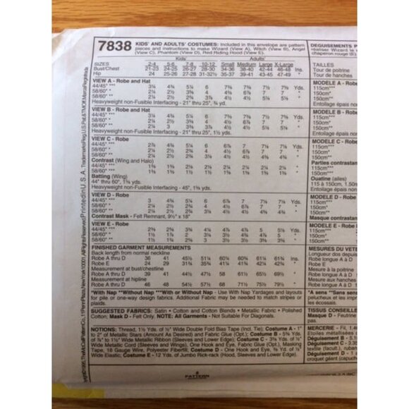 Costume Pattern Witch Angel Phantom Wizard Red Riding Hood McCall's 7838 UNCUT - Picture 3 of 5